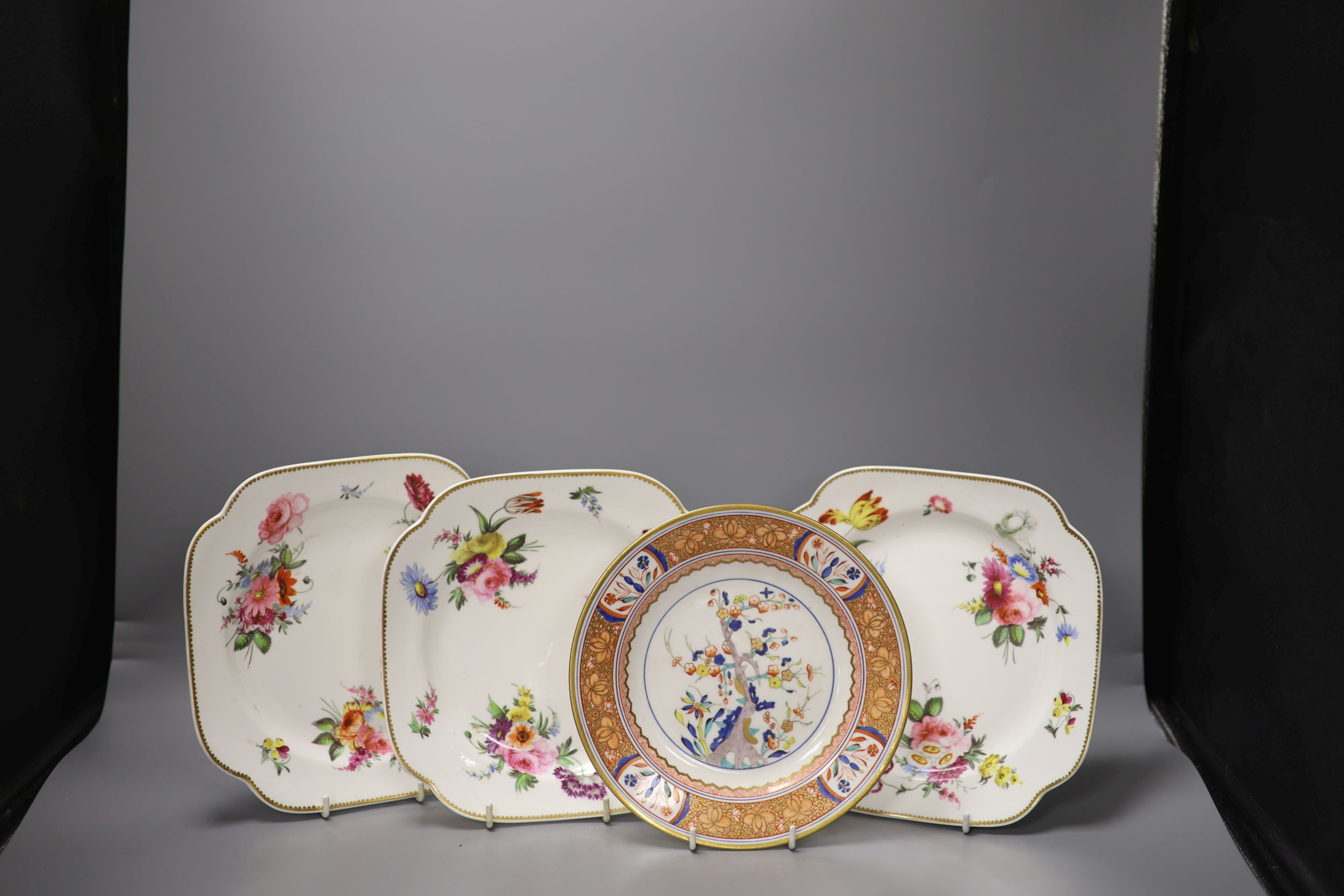 A set of three Spode square dishes each painted with three floral bouquets and three sprigs,